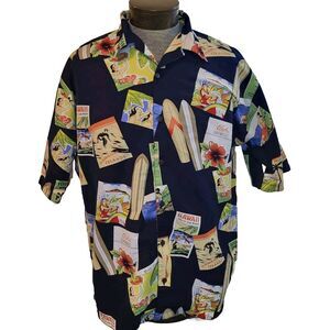 KAD Shirt Mens Large Hawaiian Camp Button Up All Over Print Short‎ Sleeve